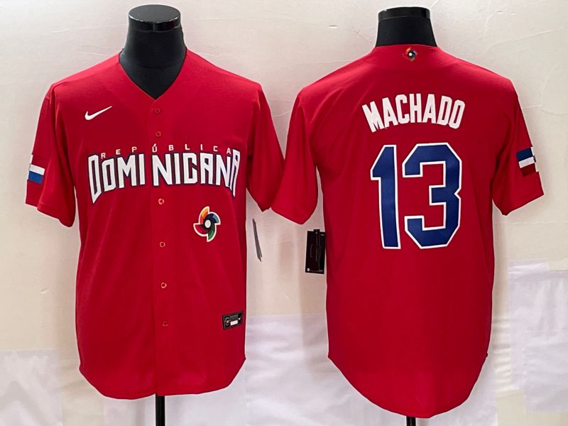 Men 2023 World Cub Dominicana #13 Machado Red Nike MLB Jersey8